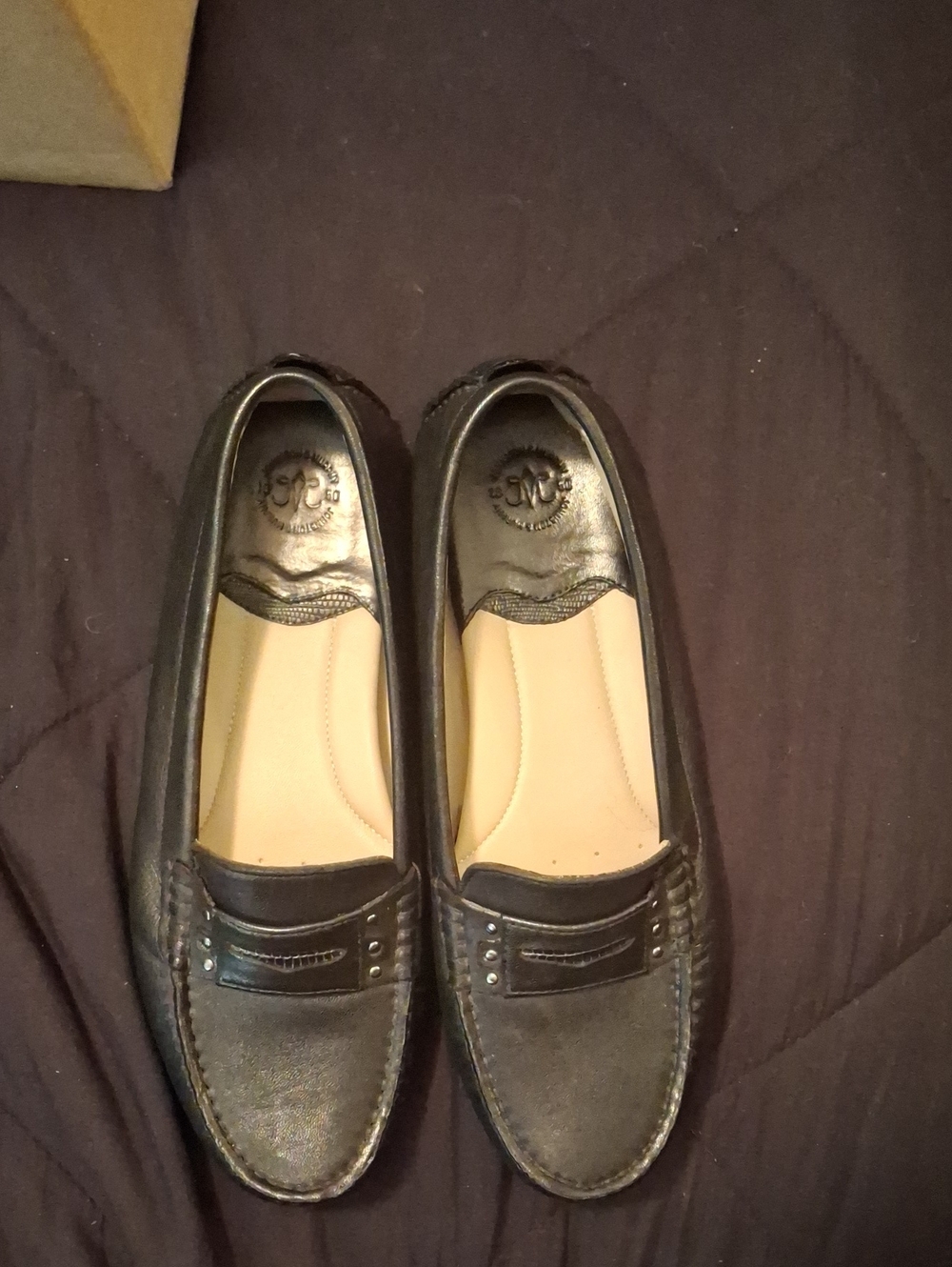 Women's Black Leather Slip-On Loafers with Stud Detail